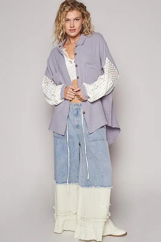 POL Openwork Lantern Sleeve Button Down Gauze Shirt for Women - Love Salve
